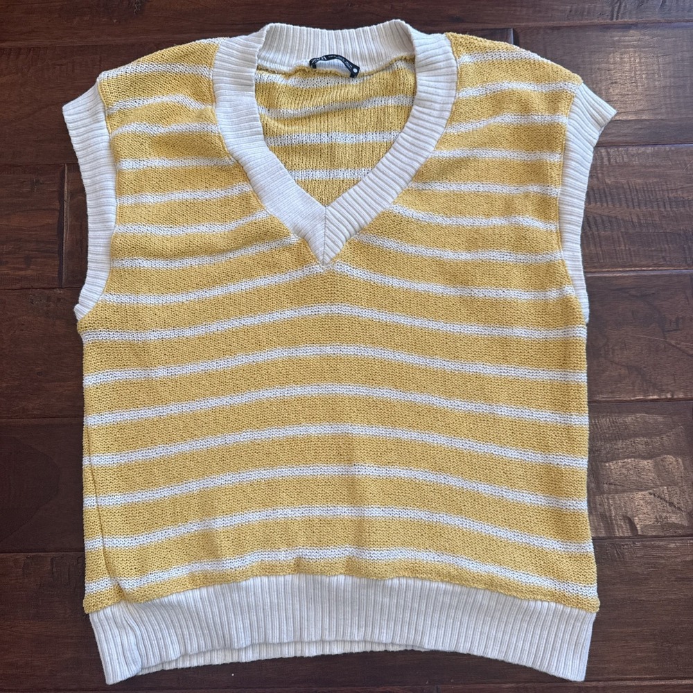Zara Oversized Striped Sweater Vest Yellow Beige Size Medium